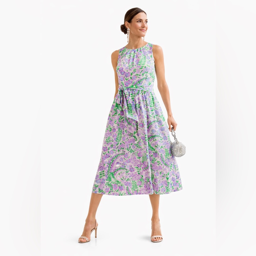 Talbots Lavender Floral Midi Dress Belted Sleeveless Garden‎ Wedding guest sz 10